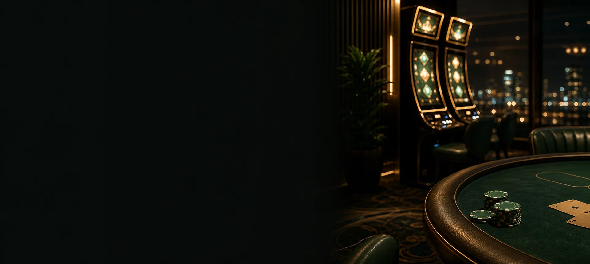 Green and gold casino lounge with pokies and a card table